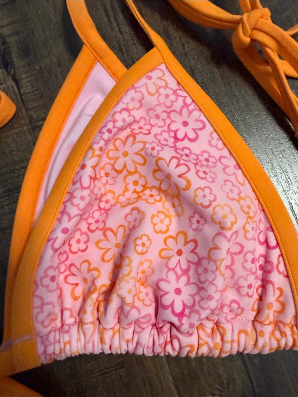 Pink by Frankie's Bikinis Floral Triangle Bikini with Orange Trim and Ties - Picture 3 of 4